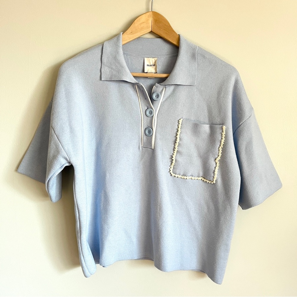 Maeve‎ Sweater Top Size Small Light Blue Polo Cropped Boxy Soft Beaded Pocket